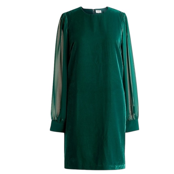 J. Crew Factory NWT Forest Green Velvet Holiday Party Shear Sleeve Mini Dress - Picture 4 of 14